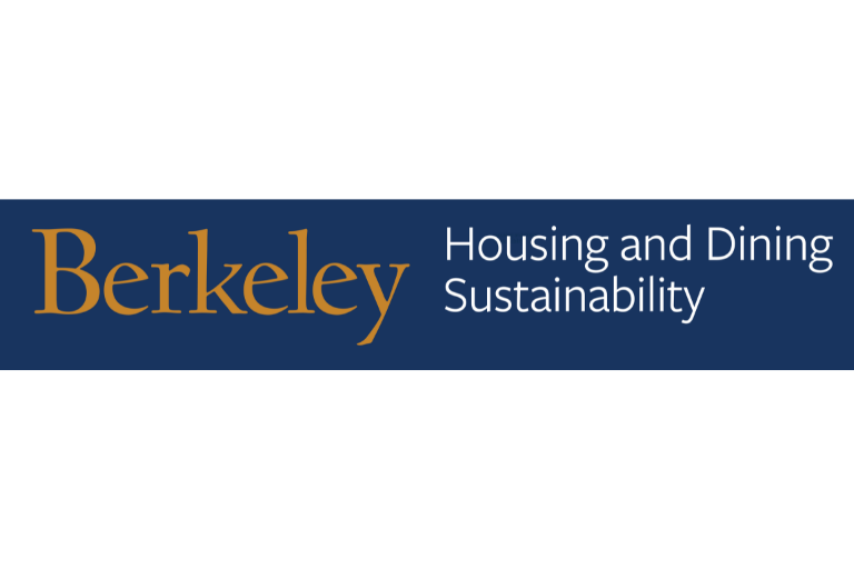 Logo that says Berkeley in yellow with Housing and Dining Sustainability in white on a Berkeley blue background