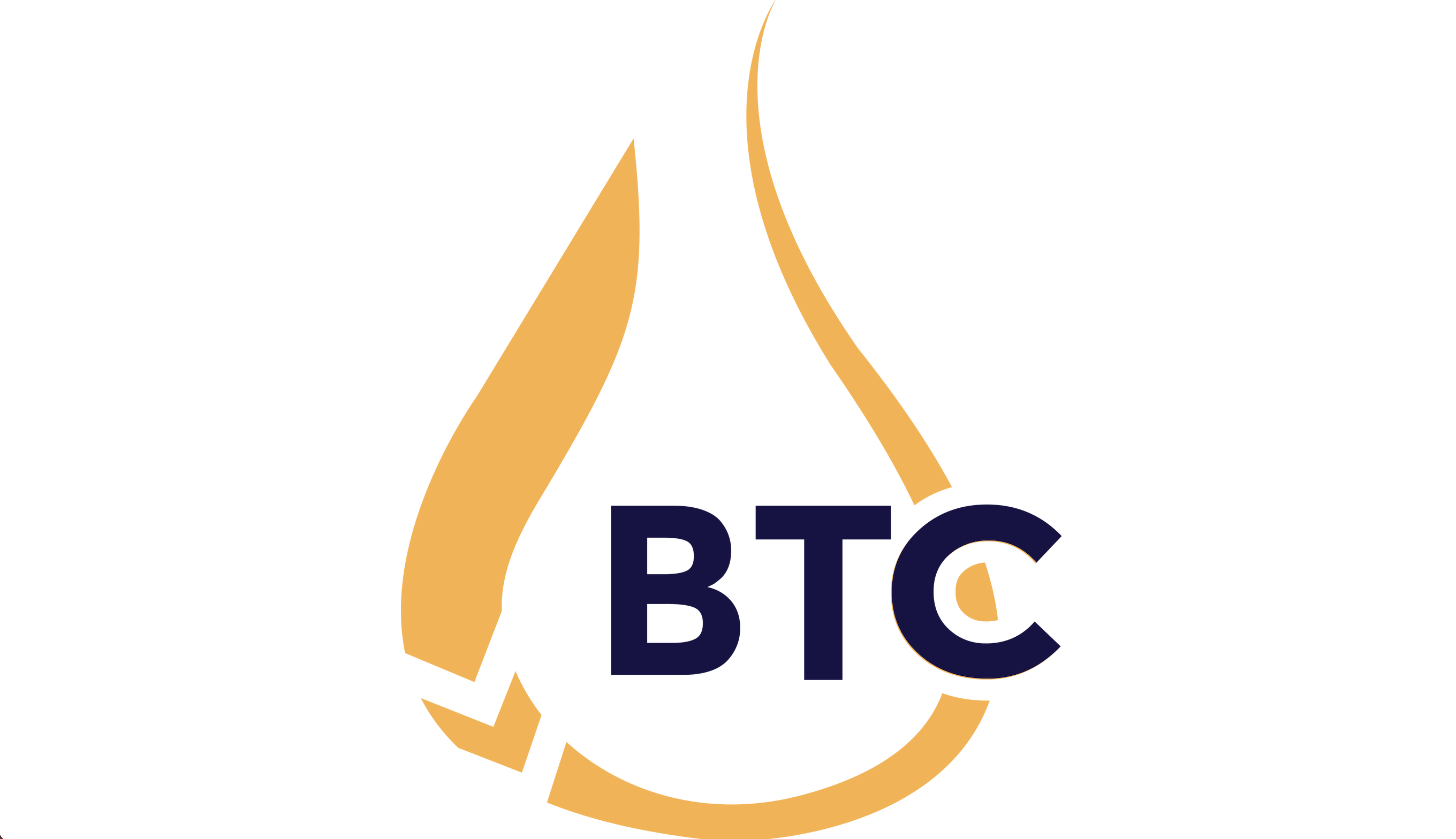 Yellow stylized droplet logo with BTC in blue block letters