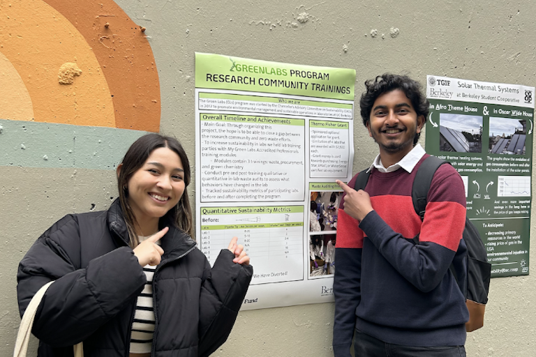 Two students smiling and pointing to a TGIF Project poster on a colored wall
