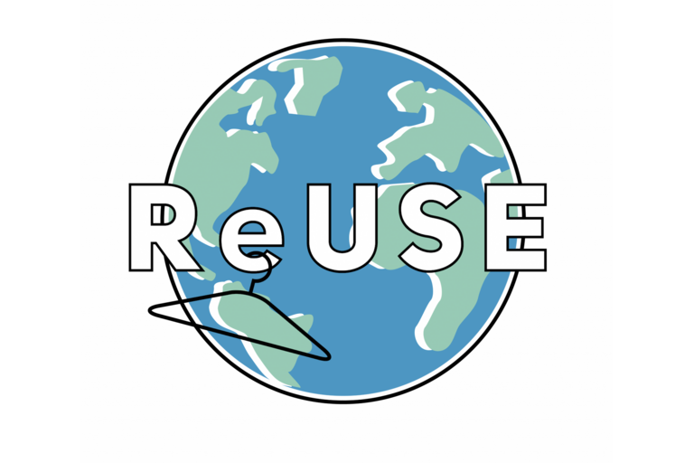 Cartoon of the earth with bubble letters spelling "reuse" and a clothes hanger in front