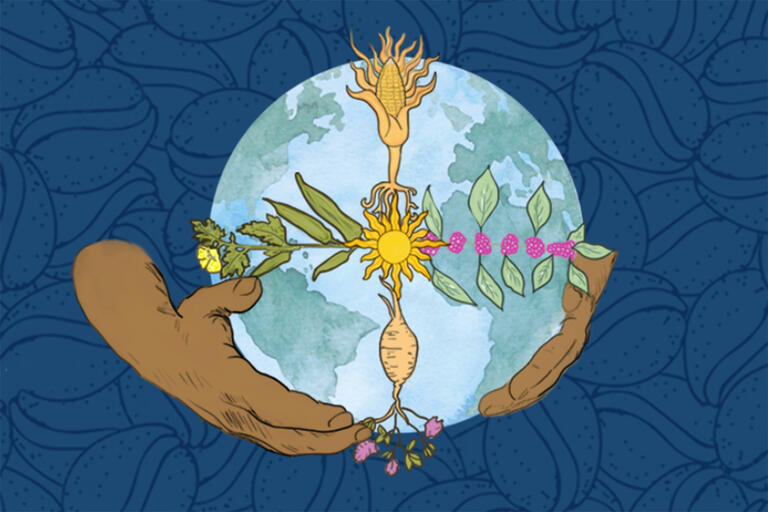 Illustration of the earth held by hands with the sun and plants forming a cross across the earth
