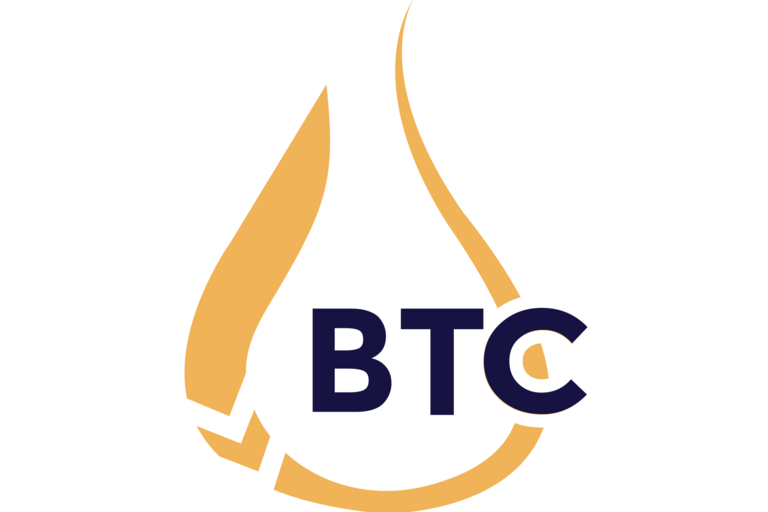 Yellow stylized droplet logo with BTC in blue block letters