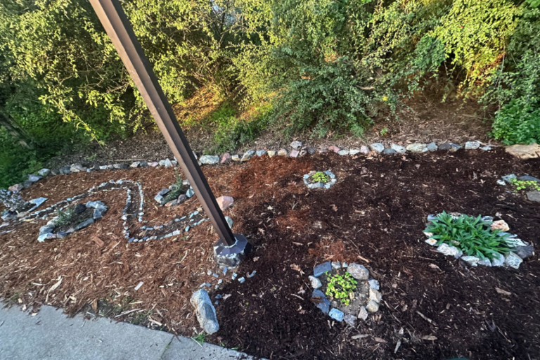 Picture of freshly mulched planted area with rock designs