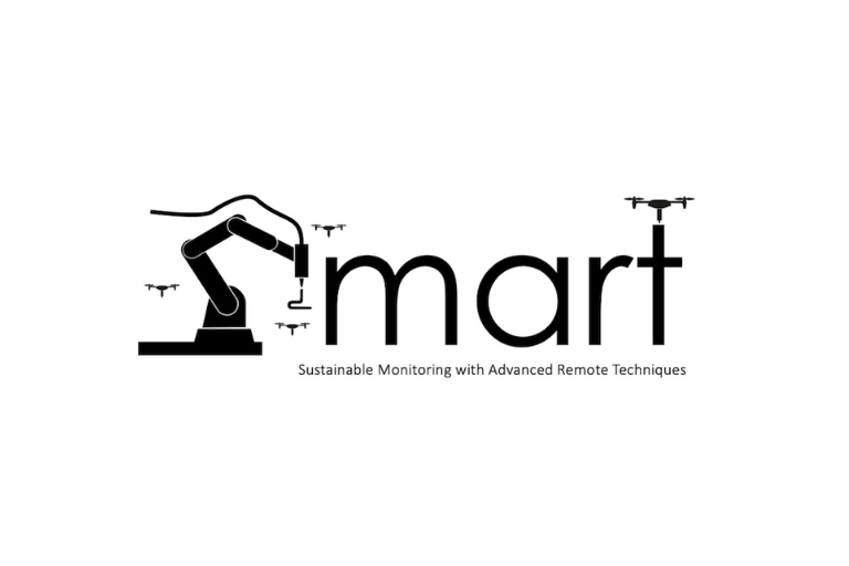 Logo of an AI arm forming the S in "SMART" with four drones around the word and "Sustainable Monitoring with Advanced Remote Techniques" underneath