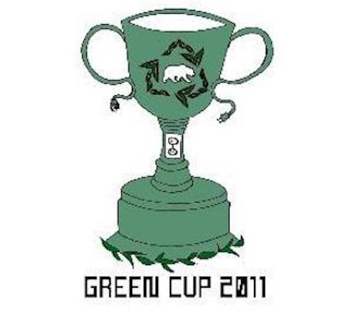 Championship cup with recycling arrows and Cal Bear in the center