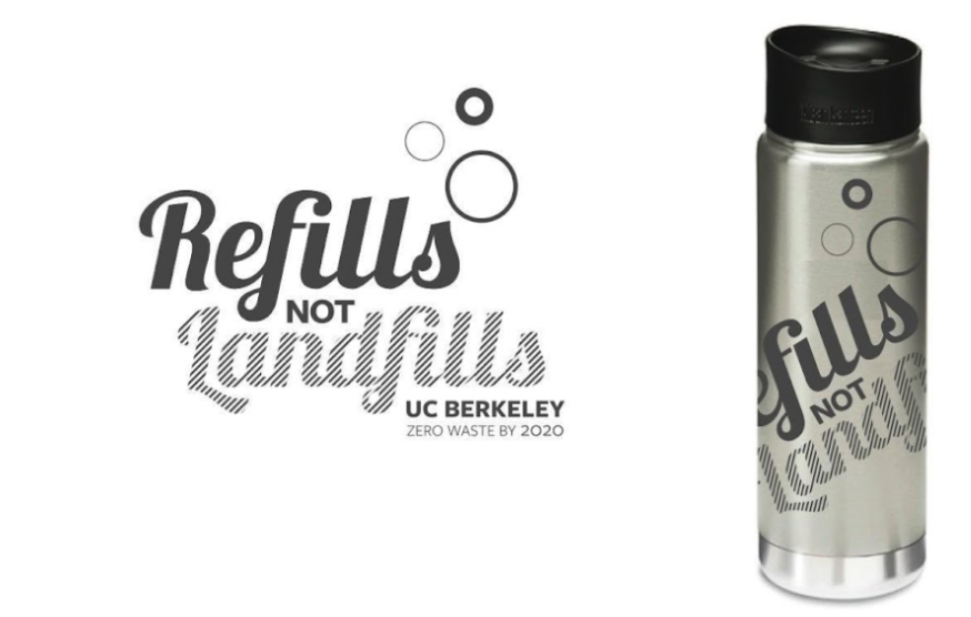 Steel waterbottle to the right of Refills logo