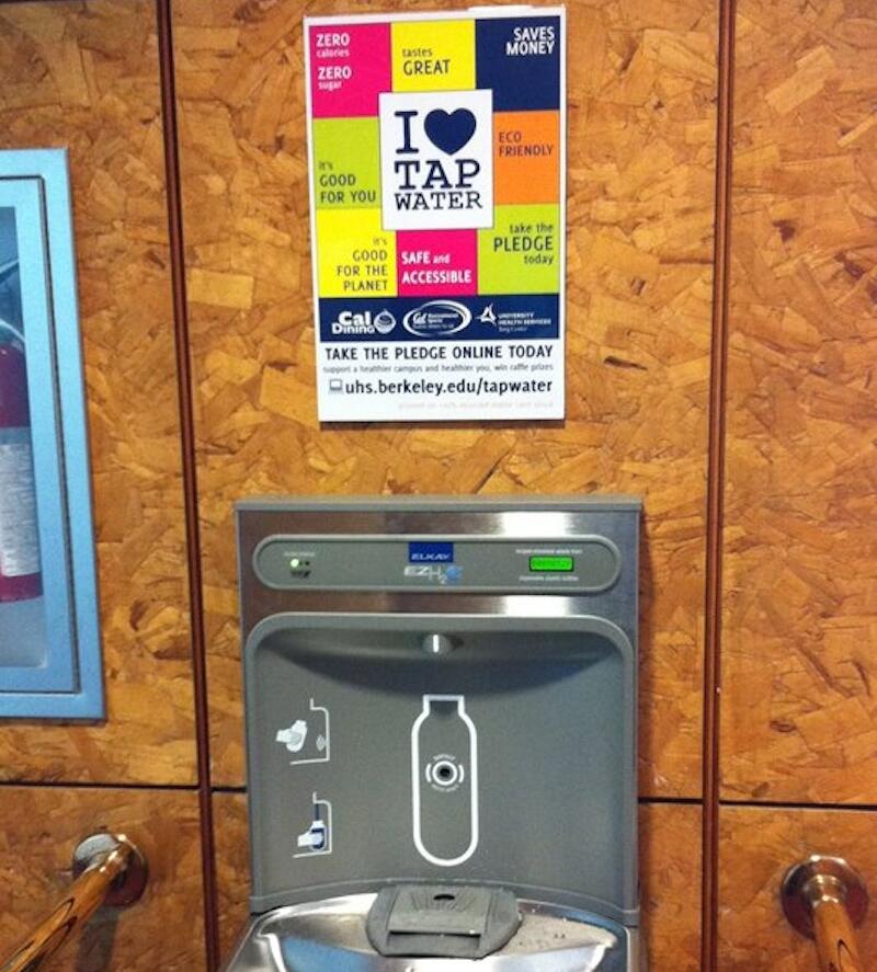 Water Bottle Refill Station with I heart water poster above