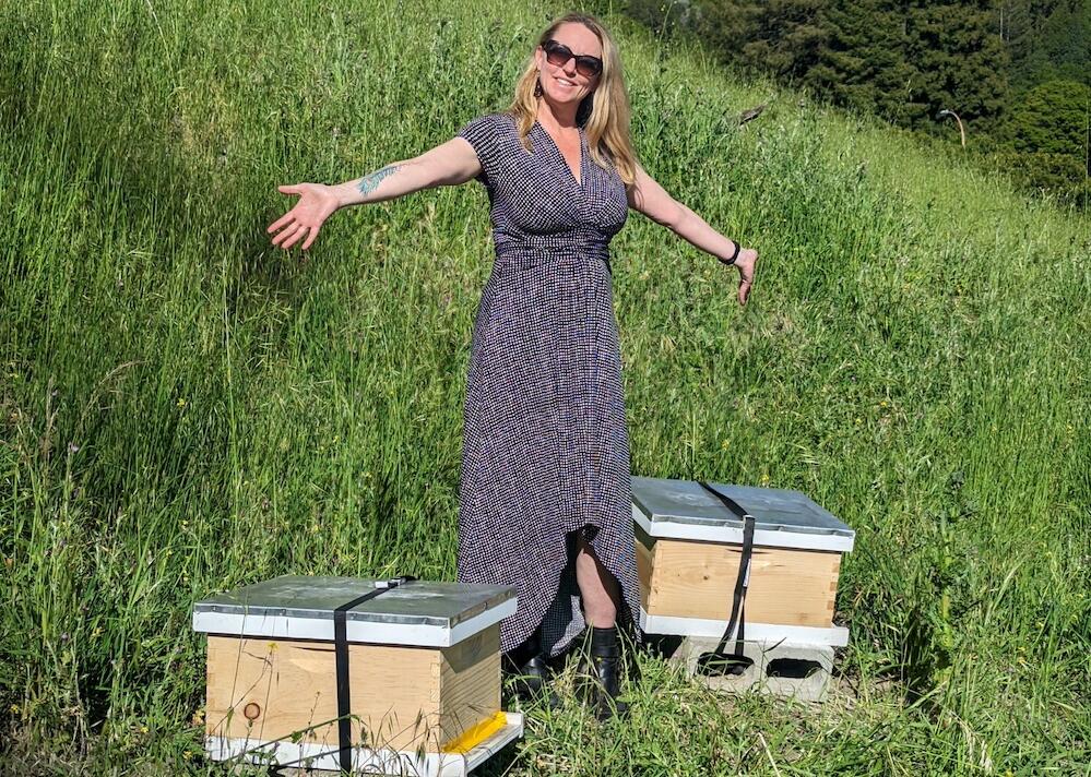 Person standing next to beehives