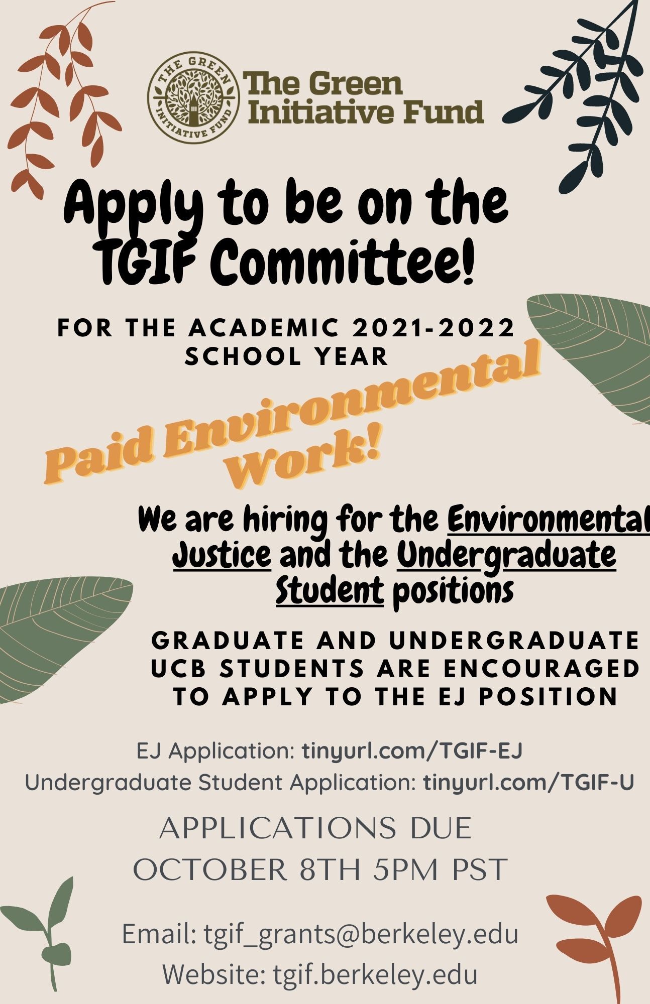 Flyer with information on the TGIF Committee Applications, also provided in plain text nearby.